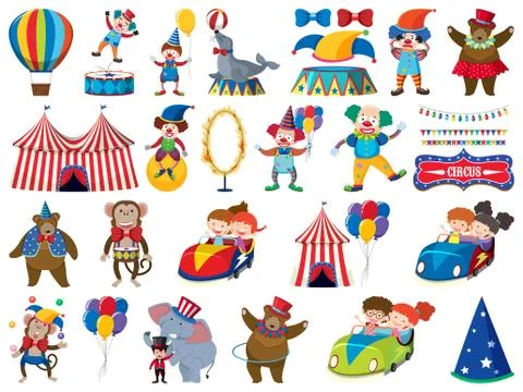 Large set of isolated objects of kids and circus Ilustração Stock