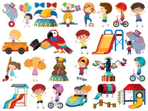 Large set of isolated objects of kids and circus Ilustração Stock