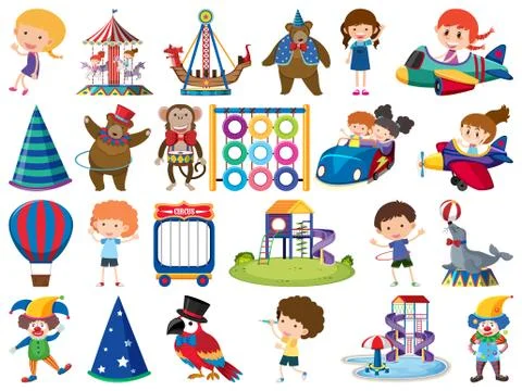Large set of isolated objects of kids and circus Stockillustratie