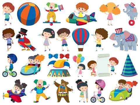 Large set of isolated objects of kids and circus Ilustração Stock