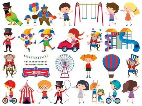Large set of isolated objects of kids and circus Illustrazione stock
