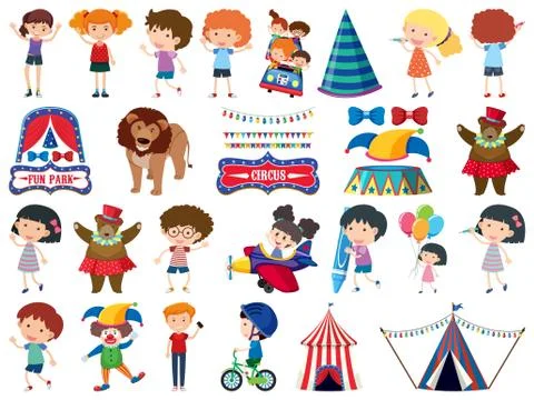 Large set of isolated objects of kids and circus Ilustração Stock
