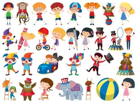 Large set of isolated objects of kids and circus Ilustração Stock