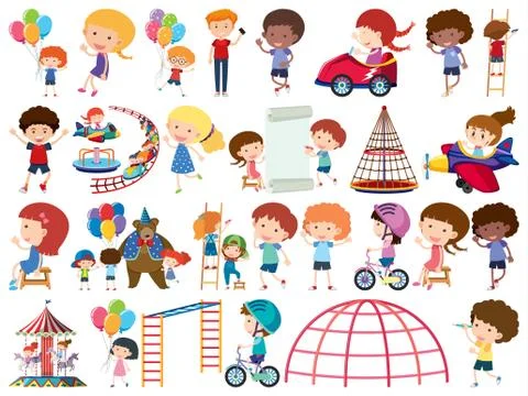 Large set of isolated objects of kids and circus Illustrazione stock
