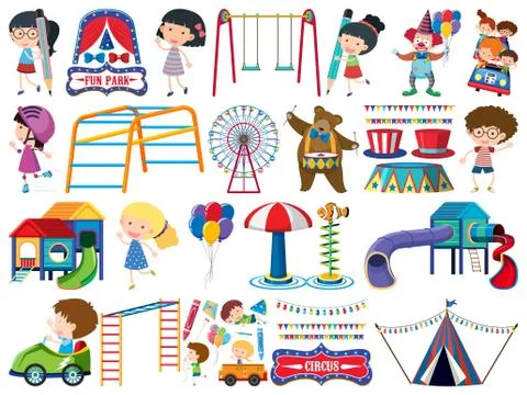 Large set of isolated objects of kids and circus Illustrazione stock