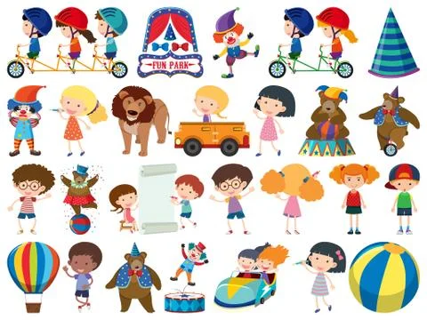 Large set of isolated objects of kids and circus Illustrazione stock