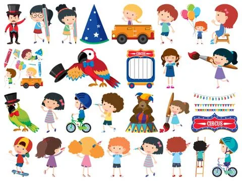 Large set of isolated objects of kids and circus Stockillustratie