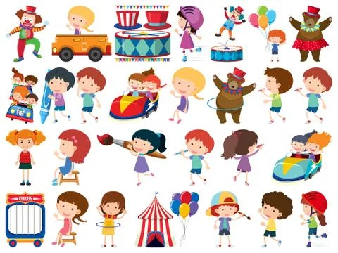 Large set of isolated objects of kids and circus Stockillustratie