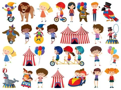 Large set of isolated objects of kids and circus Stock Illustration