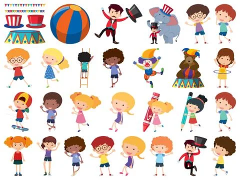 Large set of isolated objects of kids and circus Ilustração Stock