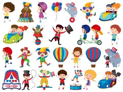 Large set of isolated objects of kids and circus Stockillustratie