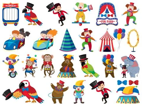 Large set of isolated objects of kids and circus Stockillustratie