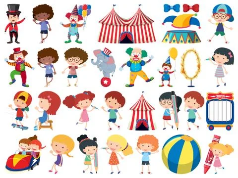 Large set of isolated objects of kids and circus Stockillustratie