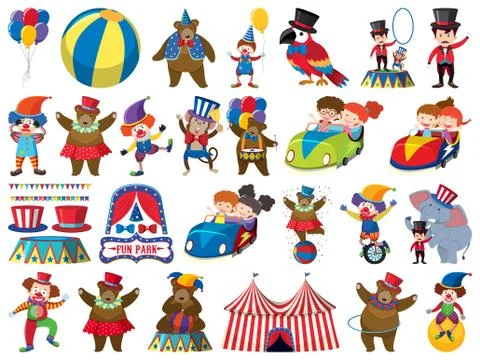Large set of isolated objects of kids and circus Illustrazione stock
