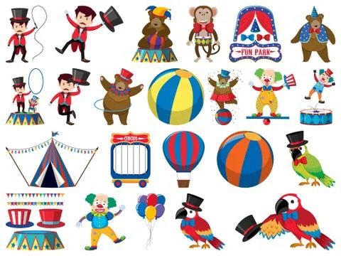 Large set of isolated objects of kids and circus Stockillustratie