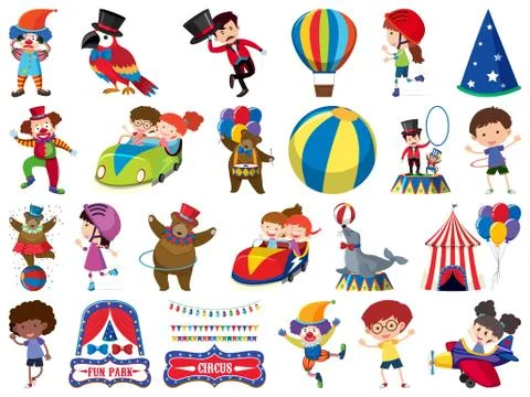 Large set of isolated objects of kids and circus Stockillustratie