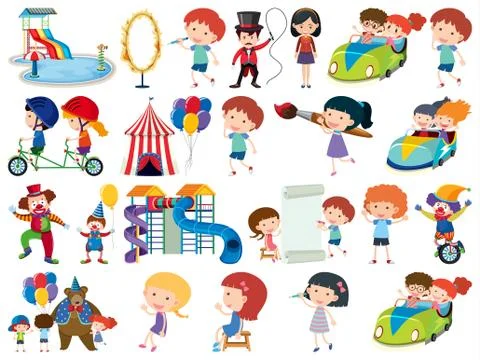 Large set of isolated objects of kids and circus Ilustração Stock