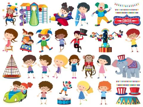 Large set of isolated objects of kids and circus Stockillustratie