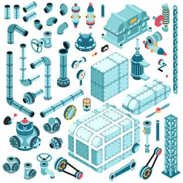 Large set of isometric industrial spare parts machinery details Stock Illustration