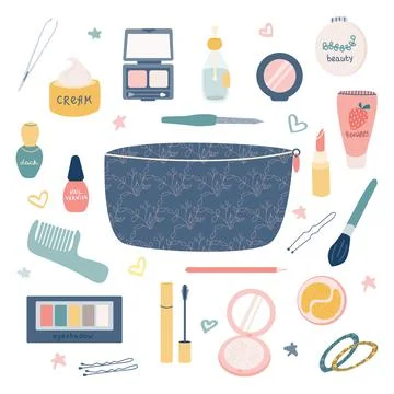 A large set of items for makeup and personal care from a cosmetic bag Stock Illustration