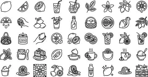 Large set of lemon theme line art icons Stock Illustration