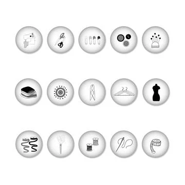 A large set of linear icons for sewing clothes and accessories on round Illustrazione stock