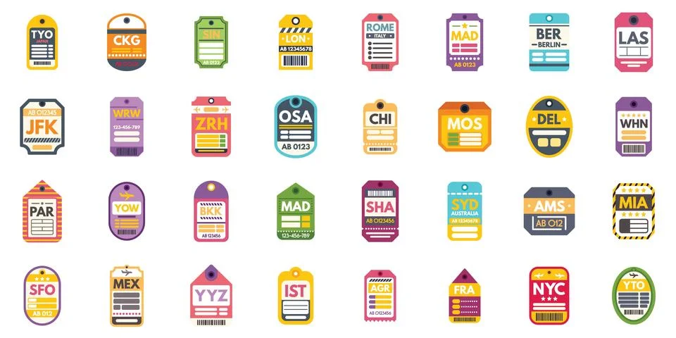 Large set of luggage tags with different airport codes showing various Illustrazione stock