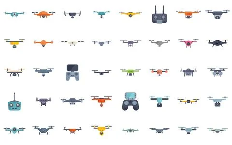 Large set of modern drones flying and controllers for piloting 스톡 일러스트