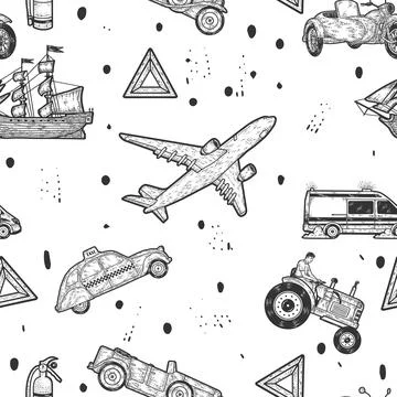 Large set, modes of transport seamless background.. Sketch scratch board Stock Illustration