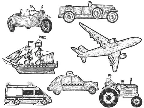 Large set, modes of transport. Sketch scratch board imitation. Engraving vector Stock Illustration