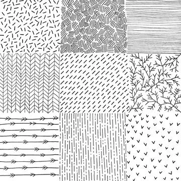 Large set of patterns, black and white hand drawn graphics, lines Illustrazione stock