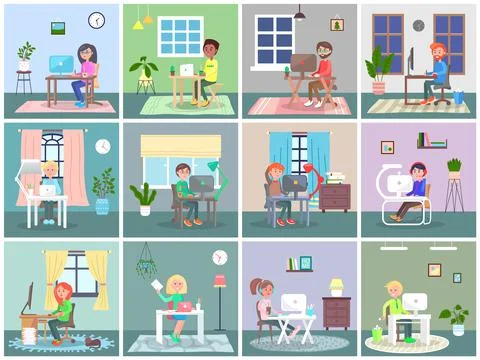 Large set of people working at computers. People work remotely while staying at Stock Illustration