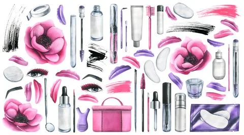 A large set of professional cosmetics and tools for makers of lamination Stock Illustration