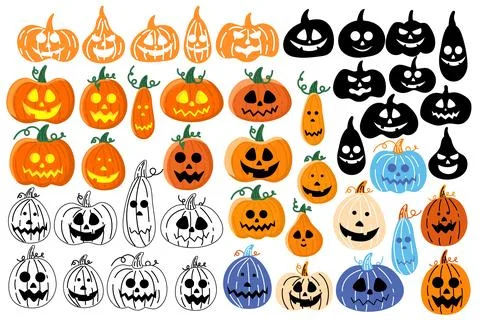 A large set of pumpkins for Halloween in different styles are isolated. Stock Illustration