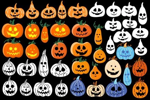 A large set of pumpkins for Halloween in different styles are isolated. Stock Illustration