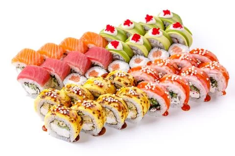 Large set of rolls on a white background for a food delivery site 1 Stock Photos