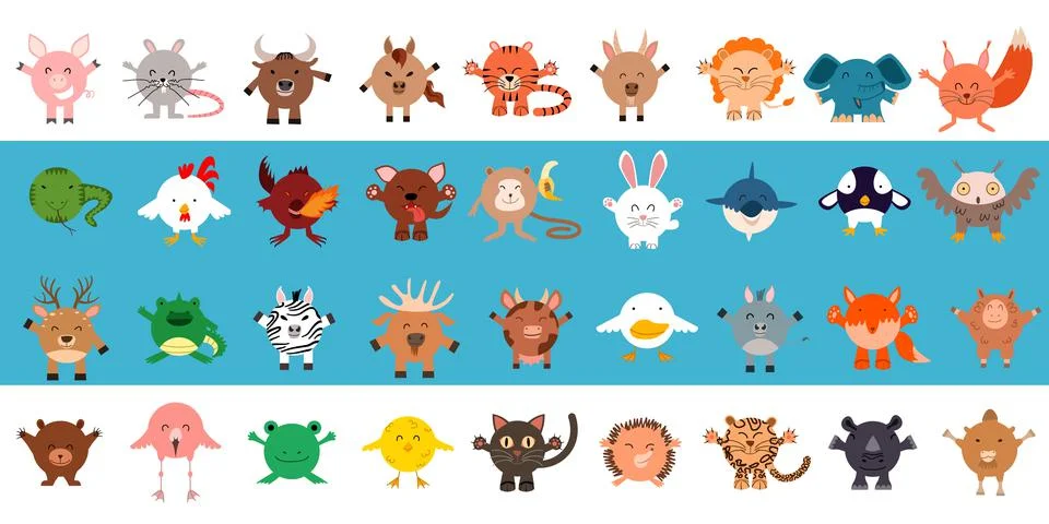 A large set of round-shaped animals. Vector illustration Stock Illustration