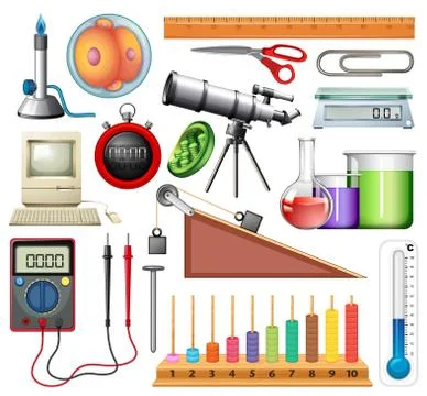 Large set of science equipments on white background Stock Illustration