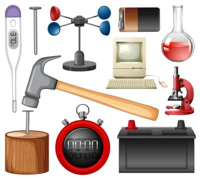Large set of science equipments on white background Stock Illustration