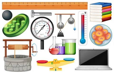 Large set of science equipments on white background Stock Illustration