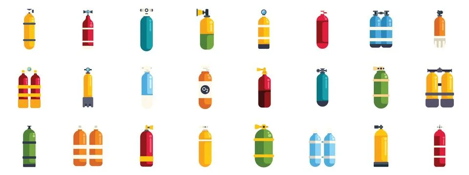 Large set of scuba diving and oxygen tanks providing air underwater for Stock Illustration