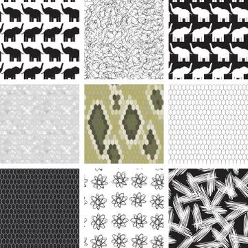 Large set of seamless pattern with elephants.  Snake skin texture Seamless Stock Illustration