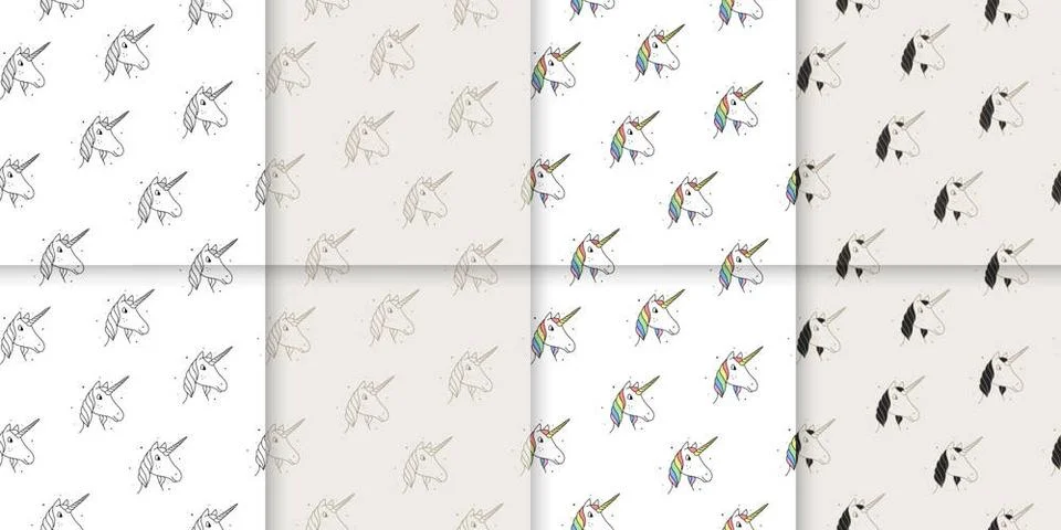  Large set of seamless patterns of unicorns in Victorian and modern style.... Foto stock