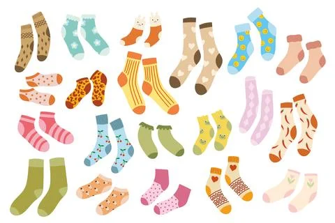 Large set of socks with colorful patterns isolated on white Stock Illustration