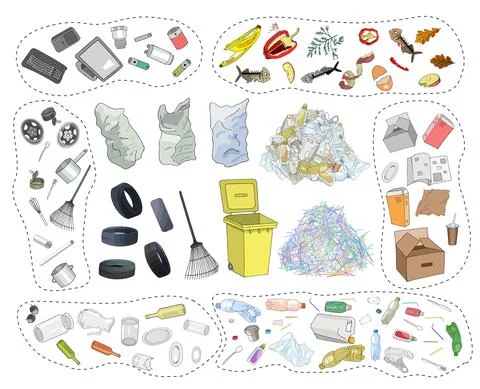 Large set of sorted garbage on white background Stock Illustration