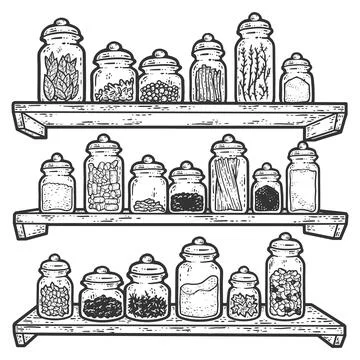 A large set of spices in a jar. Herb shelves. Sketch scratch board imitation. Stock Illustration