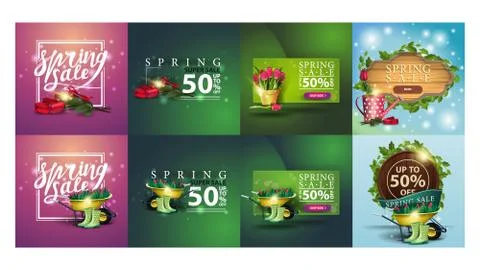 Large set of spring discounts banners for your business. Spring discounts squ Stock Illustration
