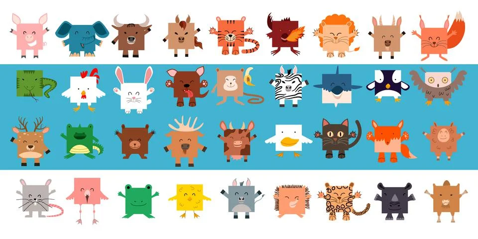 A large set of square-shaped animals. Vector illustration Stock Illustration
