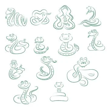 Large set of stylized snakes symbol of 2025 Stock Illustration