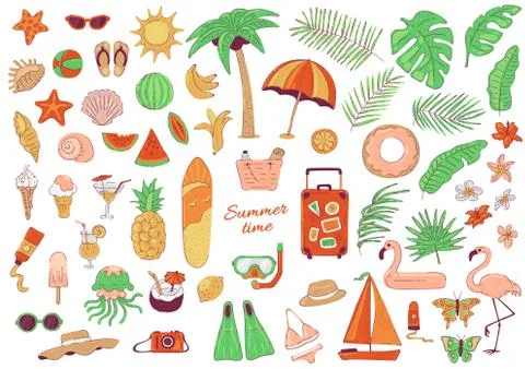 Large set summer beach holidays and sea travel. Vector fruits tropical leaves Stock-Illustration